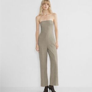 Aritzia Wilfred Endless Strapless Jumpsuit Taupe Wide Leg Smocked Back Sz 00